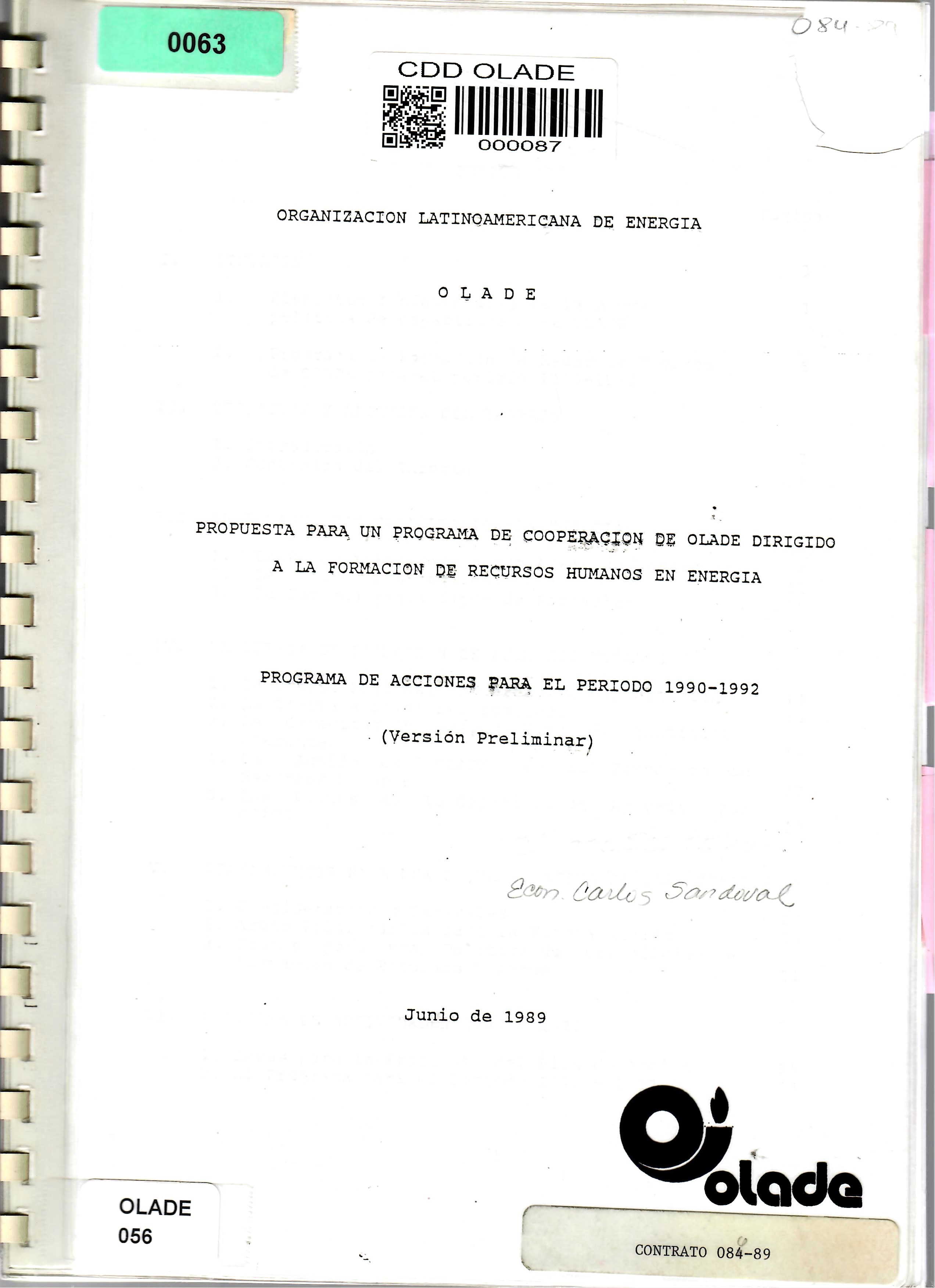 PROPUESTA PARA UN PROGRAMA DE COOPERACION DE OLADE DIRIGIDO A LA FORMACION DE RECURSOS HUMANOS EN ENERGIA PROGRAMA DE ACCIONES PARA EL PERIODO 1990-1992