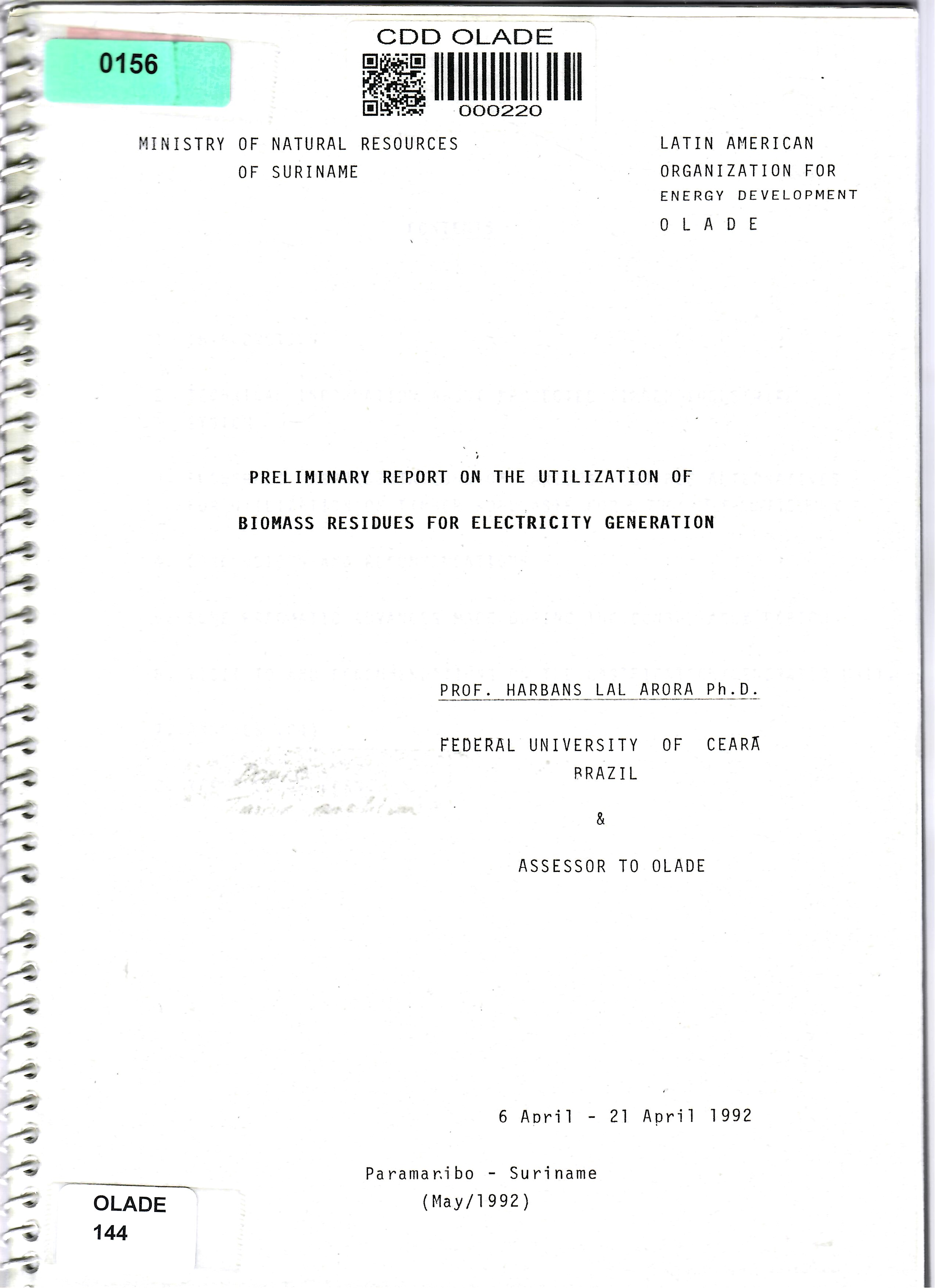 PRELIMINARY REPORT ON THE UTILIZATION OF BIOMASS RESIDUES FOR ELECTRICITY GENERATION