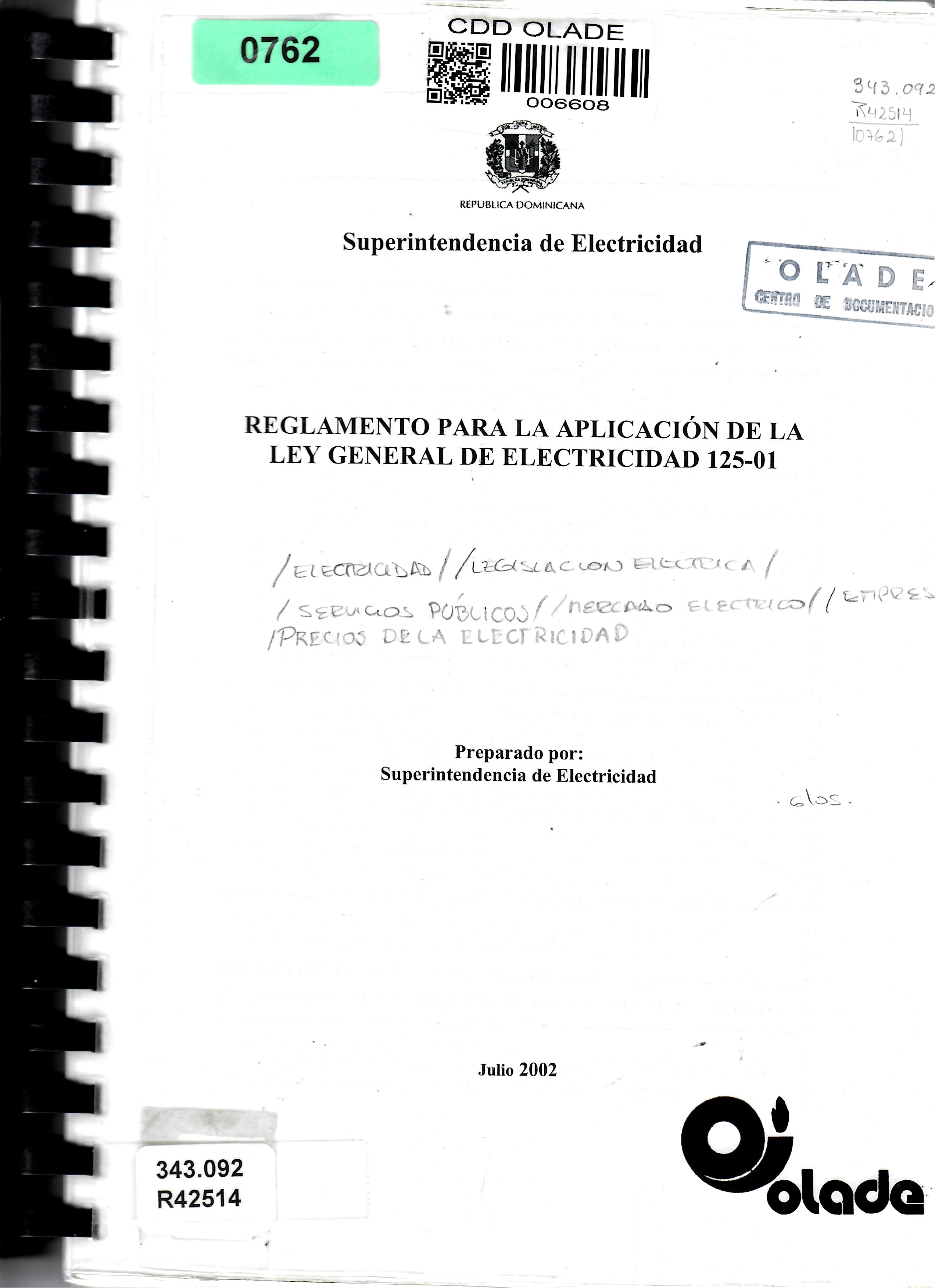 REGLAMENTO PARA LA APLICACIÓN DE LA LEY GENERAL DE ELECTRICIDAD 125-01