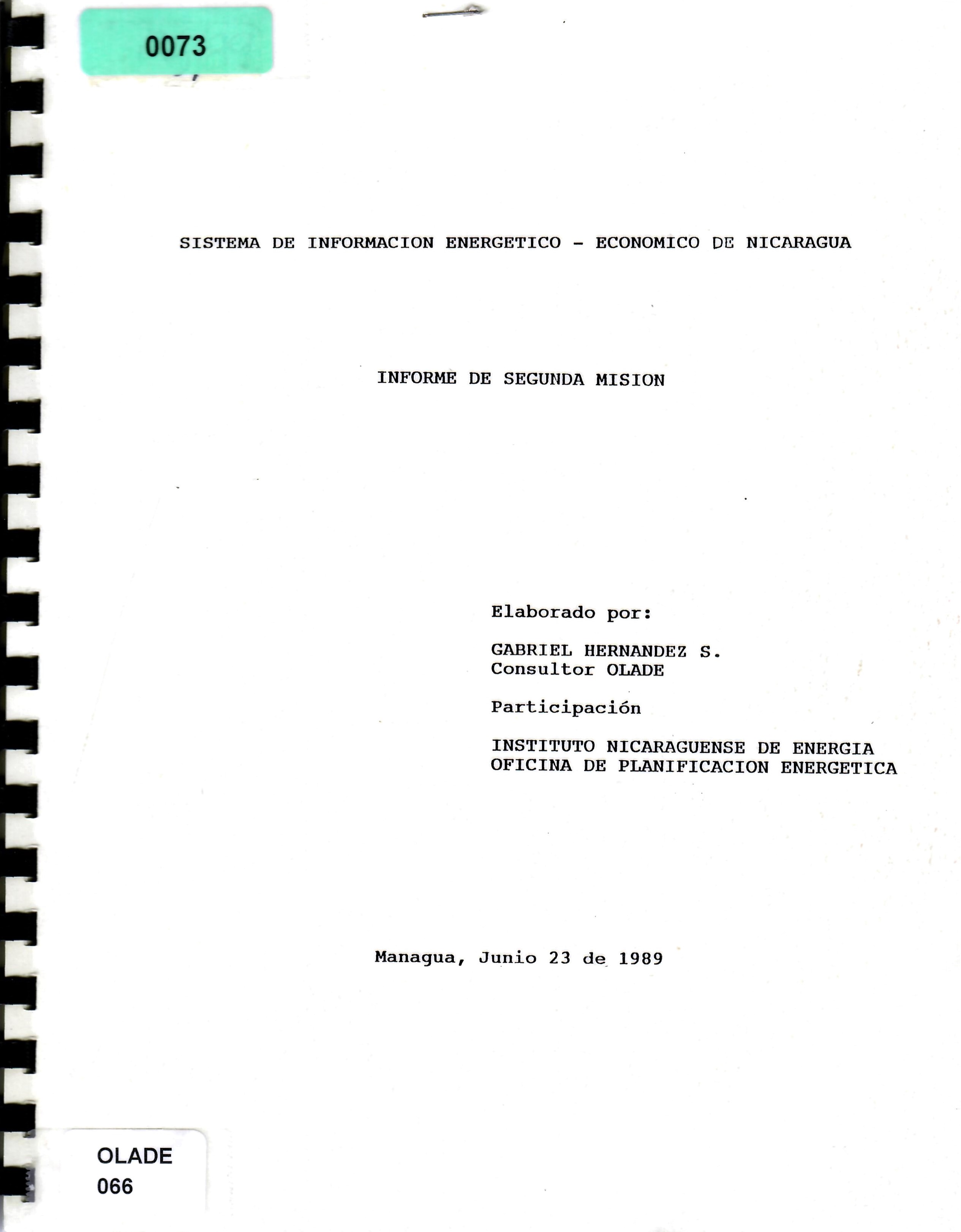 SISTEMA DE INFORMACION ENERGETICO - ECONOMICO DE NICARAGUA INFORME DE SEGUNDA MISION