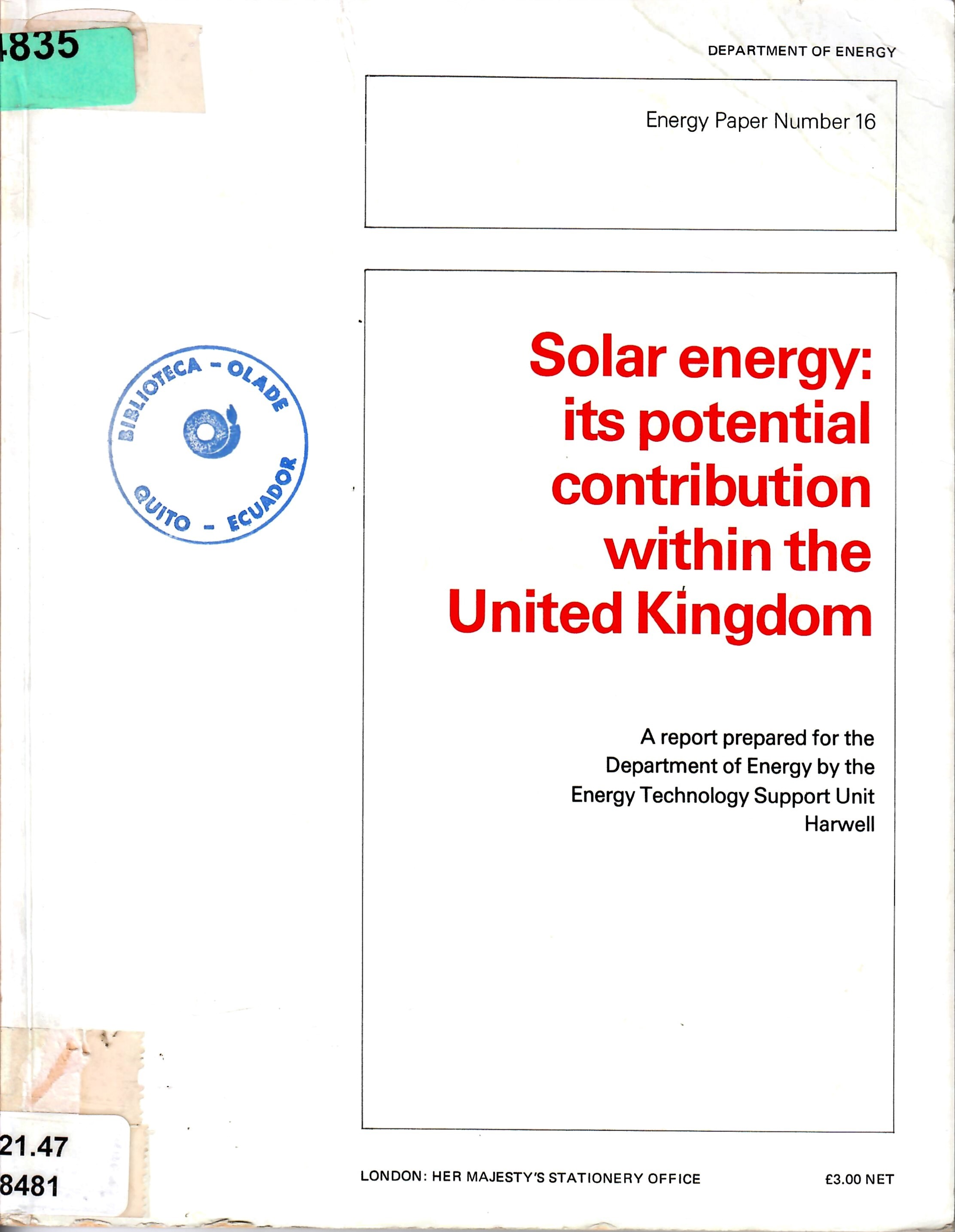 Solar energy: its potential contribution within the  United Kingdom