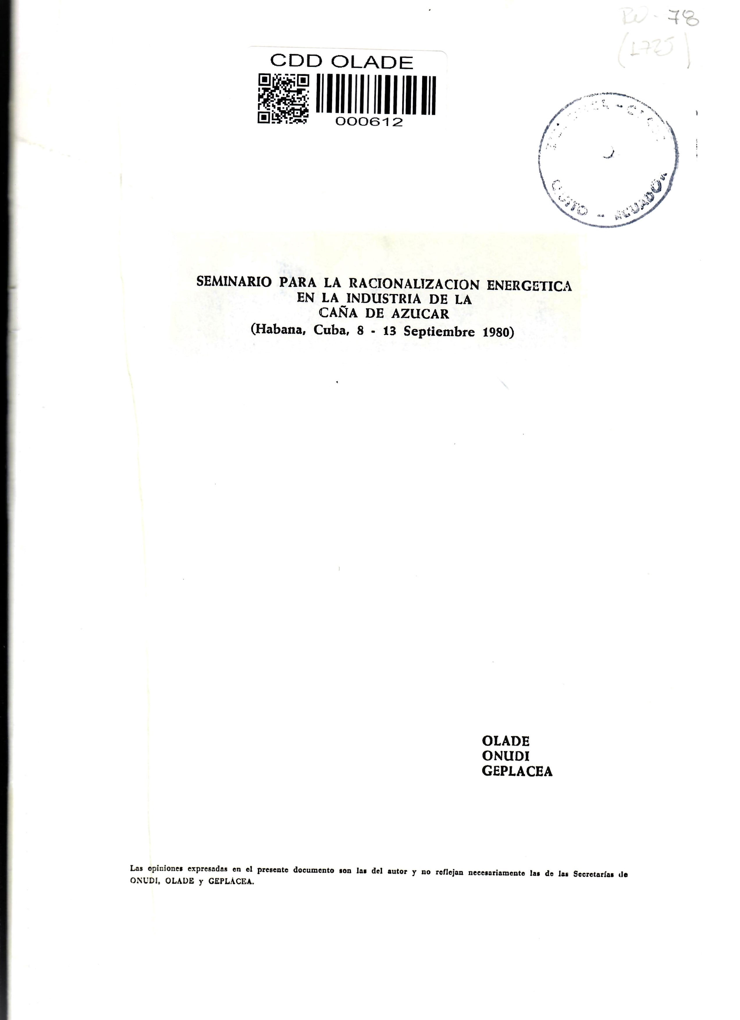 SEMINARIO PARA LA RACIONALIZACION ENERGETICA EN LA INDUSTRIA DE LA CAÑA DE AZUCAR