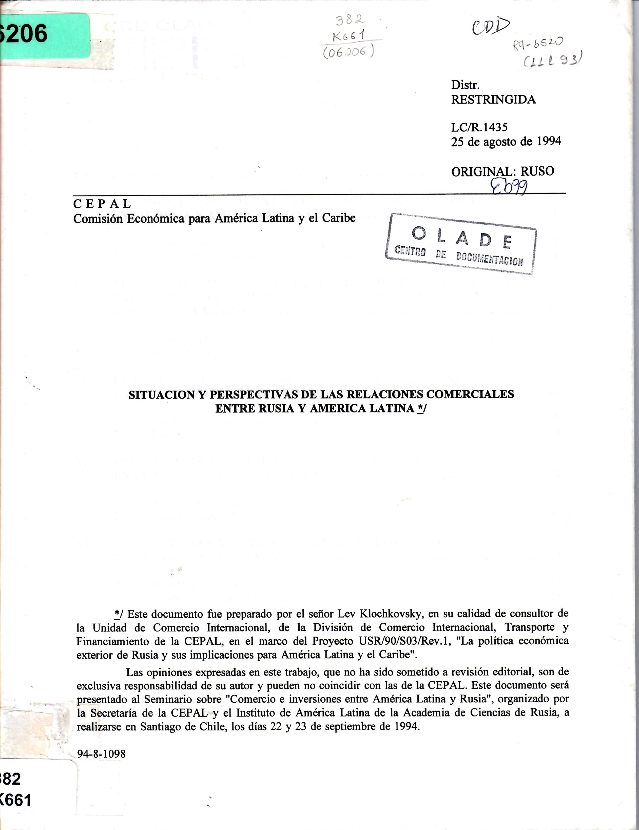 SITUACION Y PERSPECTIVAS DE LAS RELACIONES COMERCIALES ENTRE RUSIA Y AMERICA LATINA