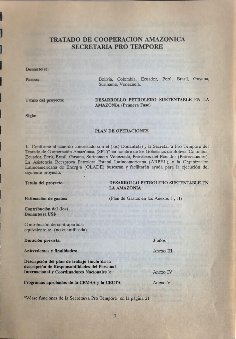 TRATADO DE COOPERACION AMAZONICA SECRETARIA PRO TEMPORE