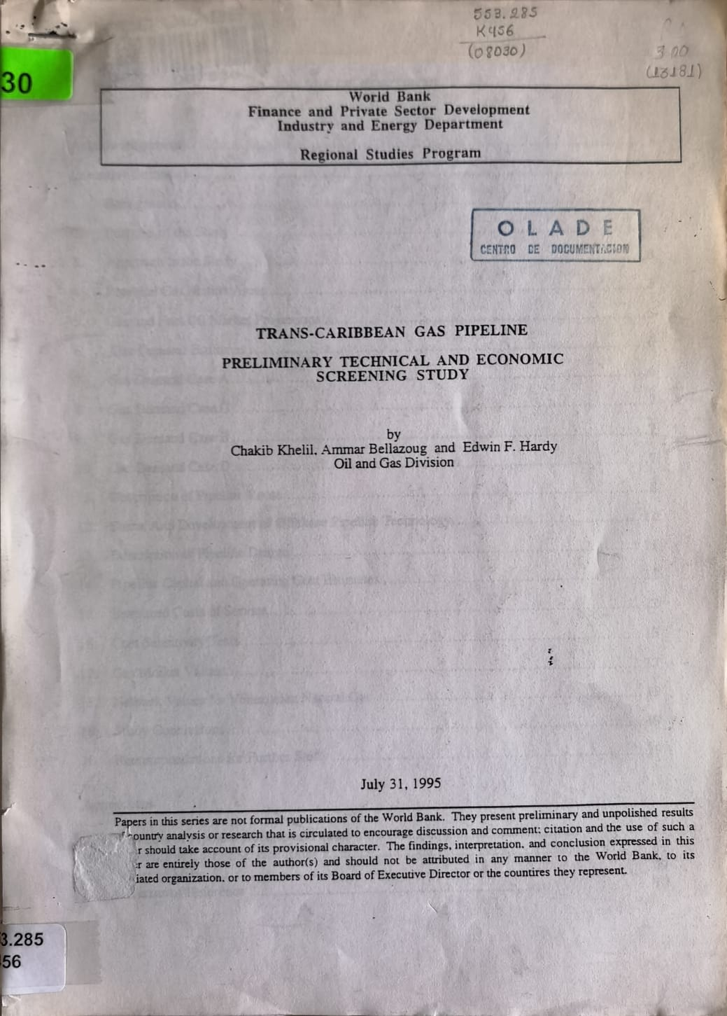 TRANS-CARIBBEAN GAS PIPELINE PRELIMINARY TECHNICAL AND ECONOMIC SCREENING STUDY