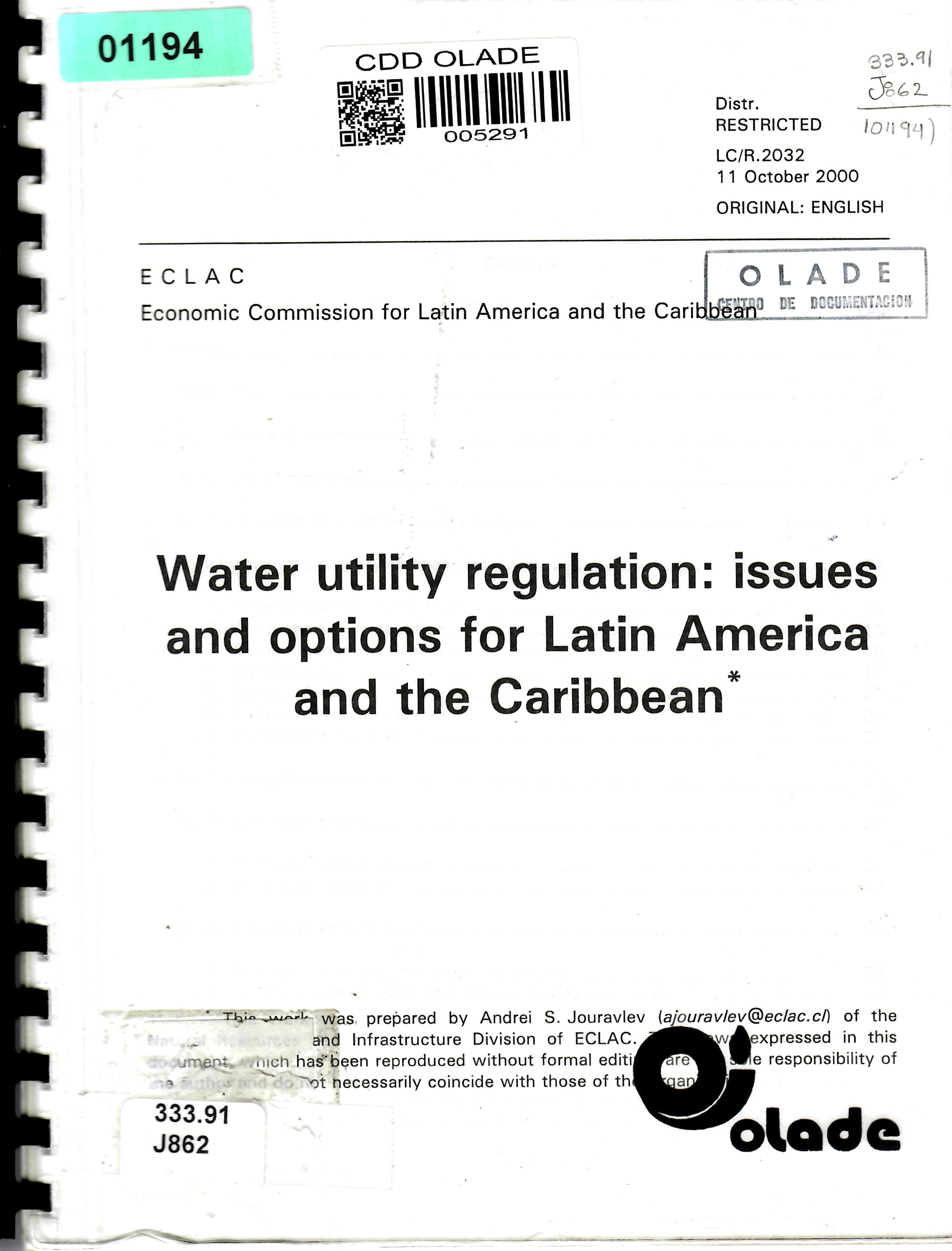 Water utility regulation: issues and options for Latin America and the Caribbean