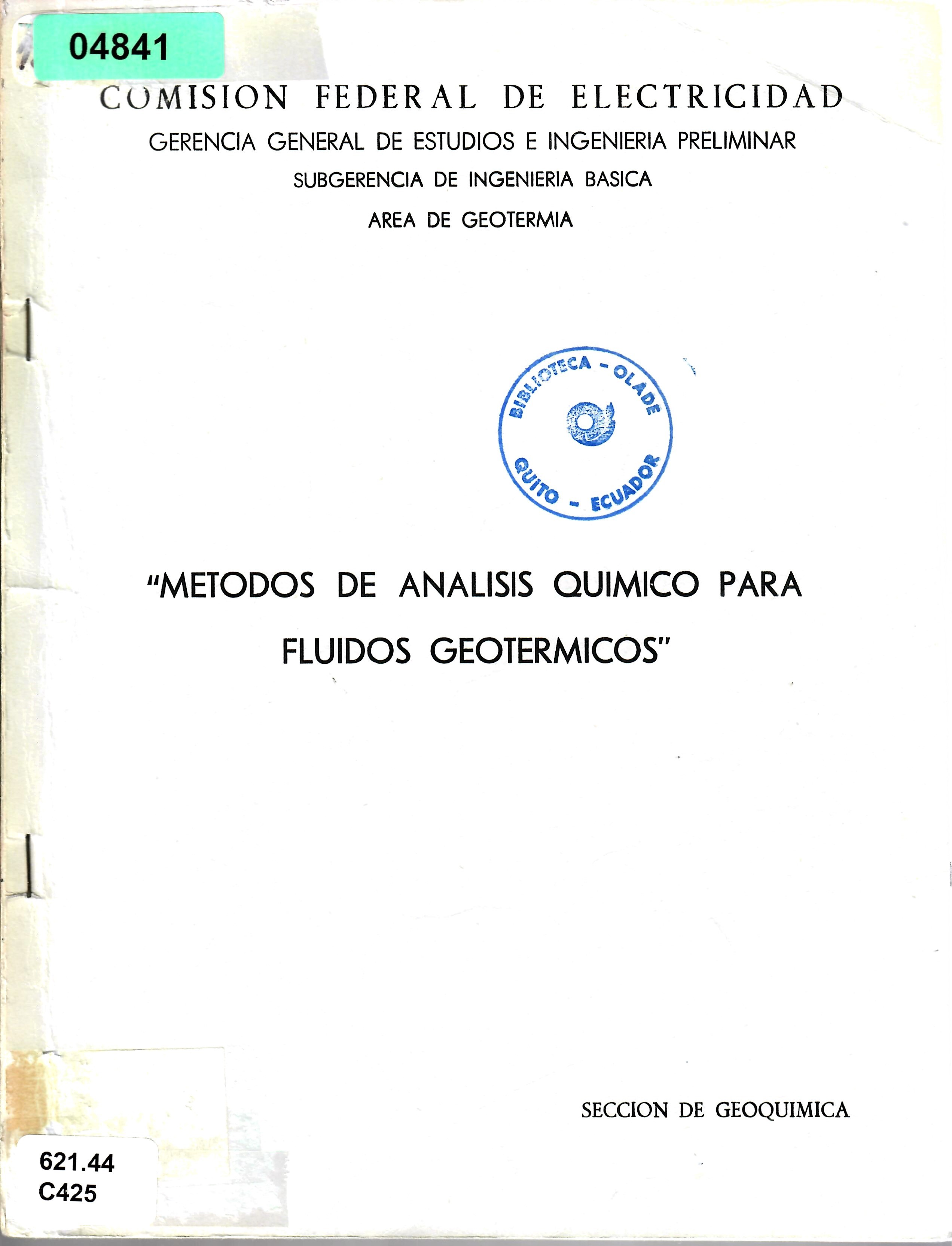 "METODOS DE ANALISIS QUIMICO PARA FLUIDOS GEOTERMICOS”