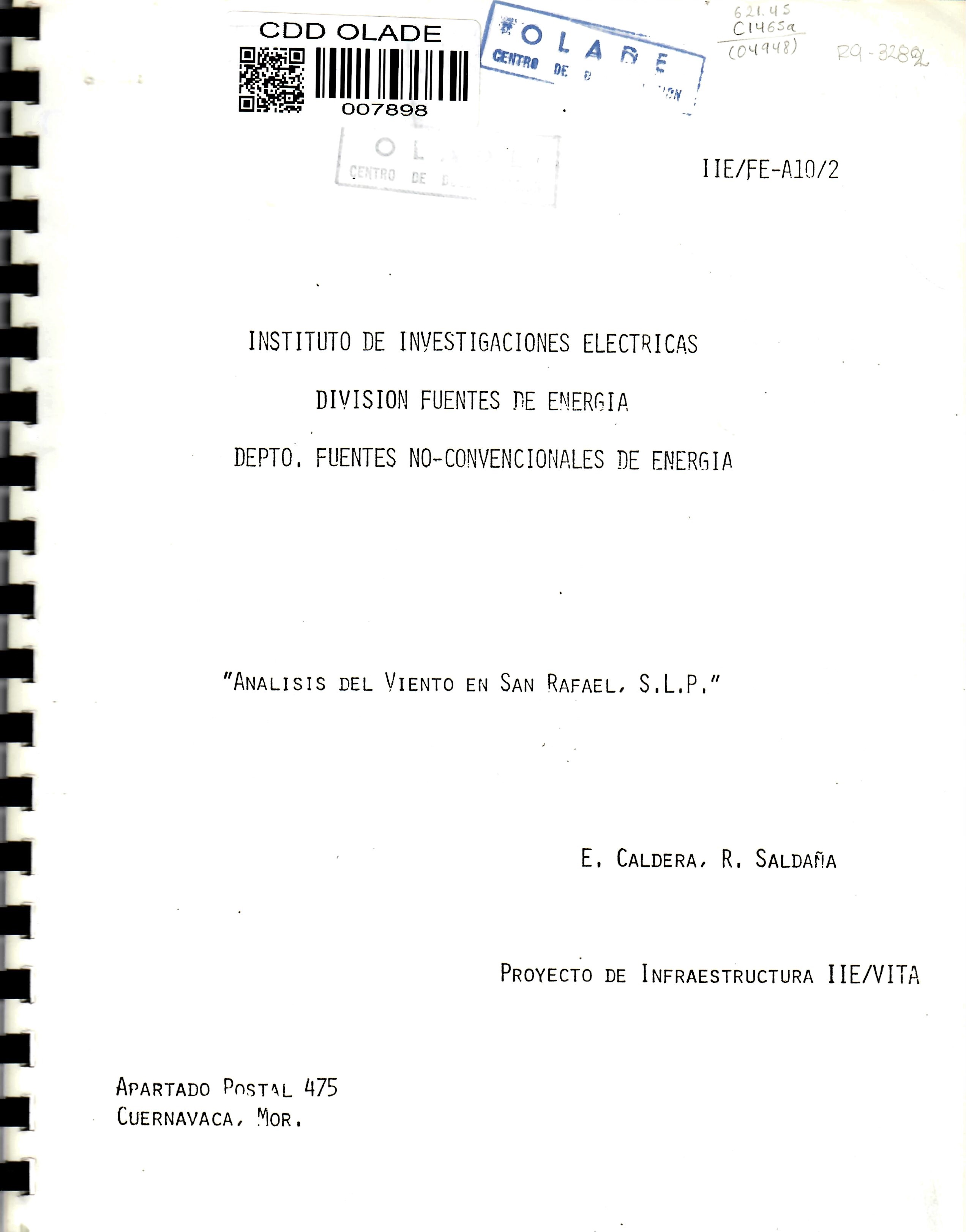 "ANALISIS DEL VIENTO EN SAN RAFAEL, S.L.P.” INSTITUTO DE INVESTIGACIONES ELECTRICAS DIVISION FUENTES DE ENERGIA DEPTO. FUENTES NO-CONVENCIONALES DE ENERGIA