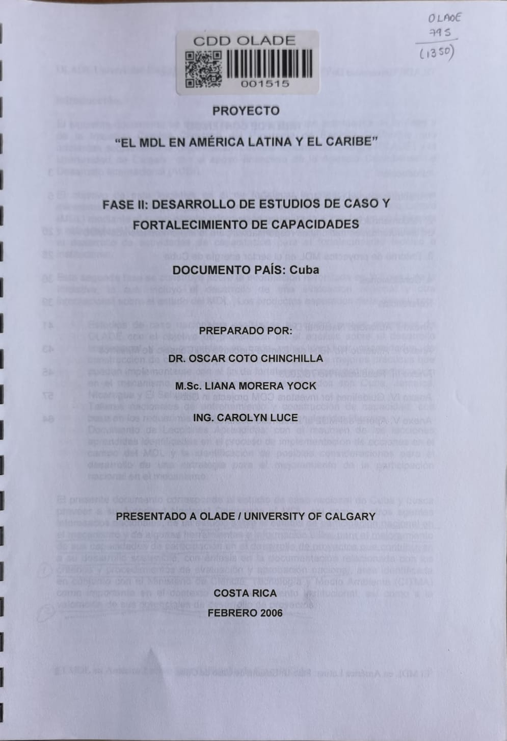 "EL MDL EN AMÉRICA LATINA Y EL CARIBE" FASE Il: DESARROLLO DE ESTUDIOS DE CASO Y FORTALECIMIENTO DE CAPACIDADES; DOCUMENTO PAÍS: Cuba