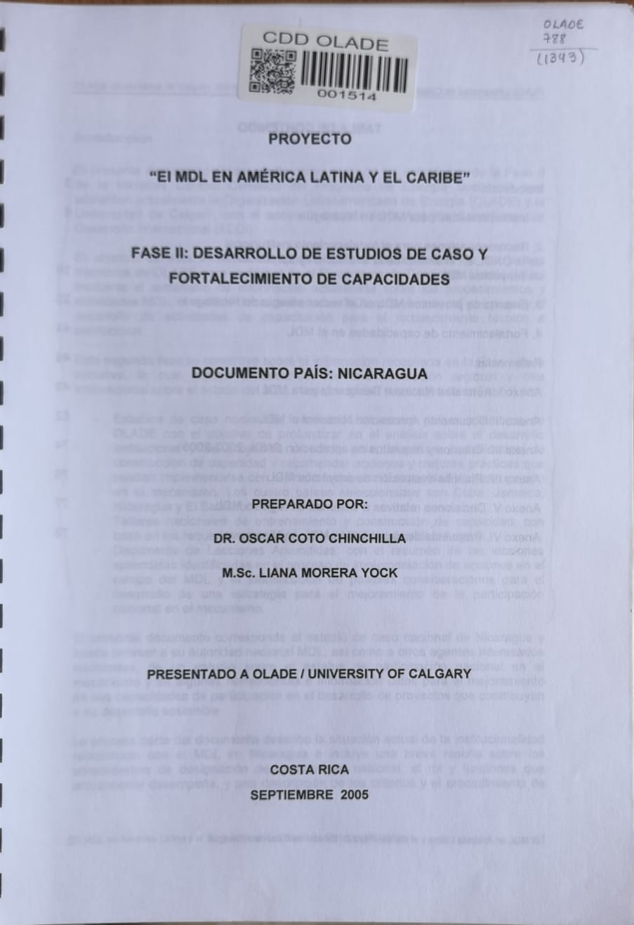 "EI MDL EN AMÉRICA LATINA Y EL CARIBE"  FASE Il: DESARROLLO DE ESTUDIOS DE CASO Y FORTALECIMIENTO DE CAPACIDADES: DOCUMENTO PAÍS: NICARAGUA